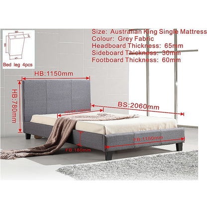 King Single Linen Fabric Bed Frame Grey - Cosy Abode