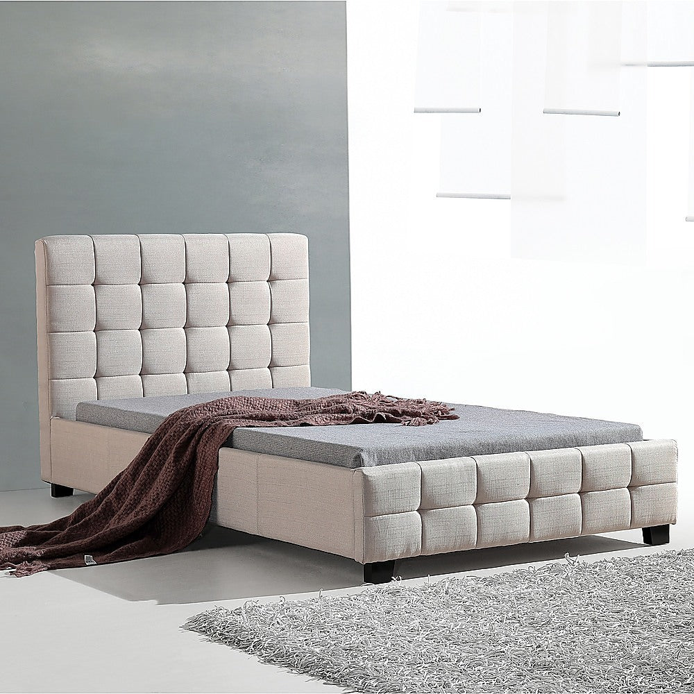 King Single Linen Fabric Deluxe Bed Frame Beige - Cosy Abode