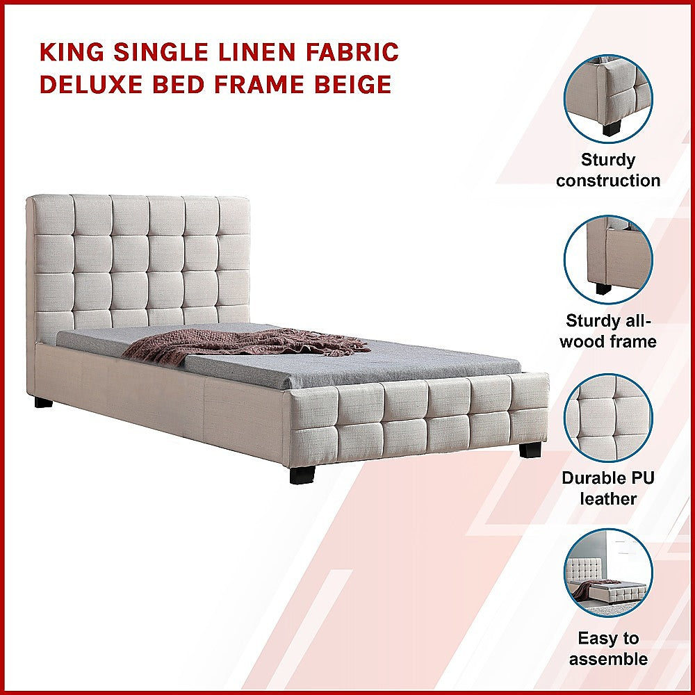 King Single Linen Fabric Deluxe Bed Frame Beige - Cosy Abode