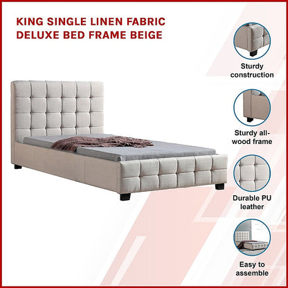 King Single Linen Fabric Deluxe Bed Frame Beige - Cosy Abode