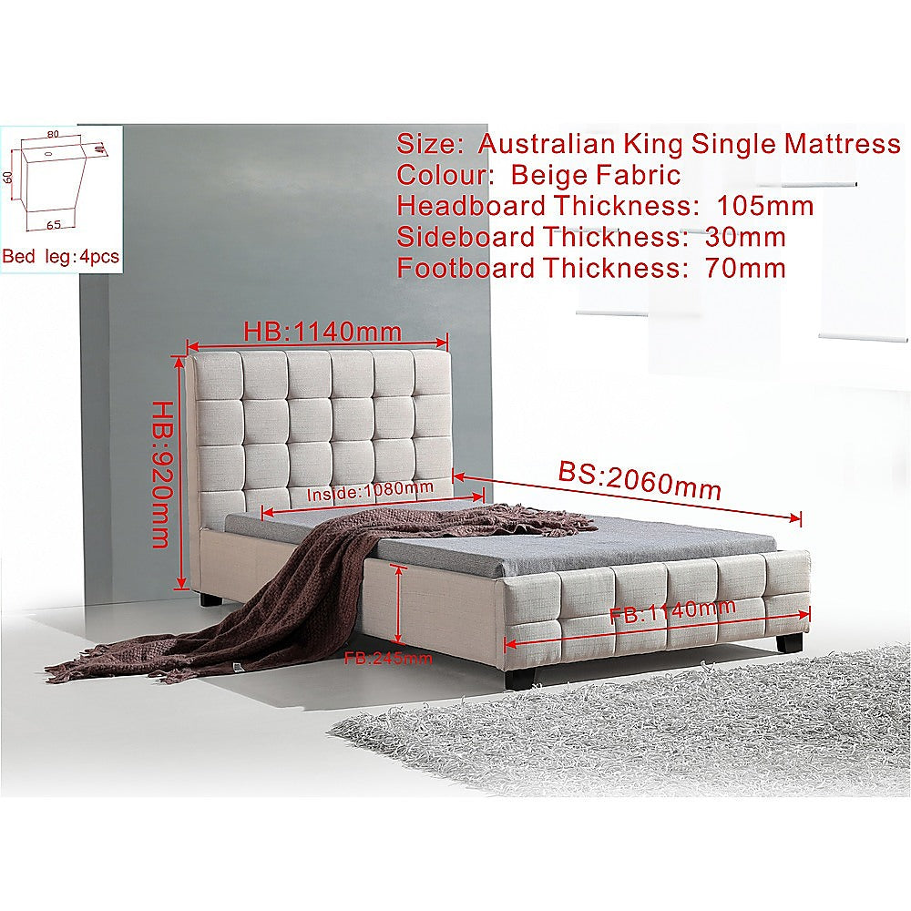 King Single Linen Fabric Deluxe Bed Frame Beige - Cosy Abode