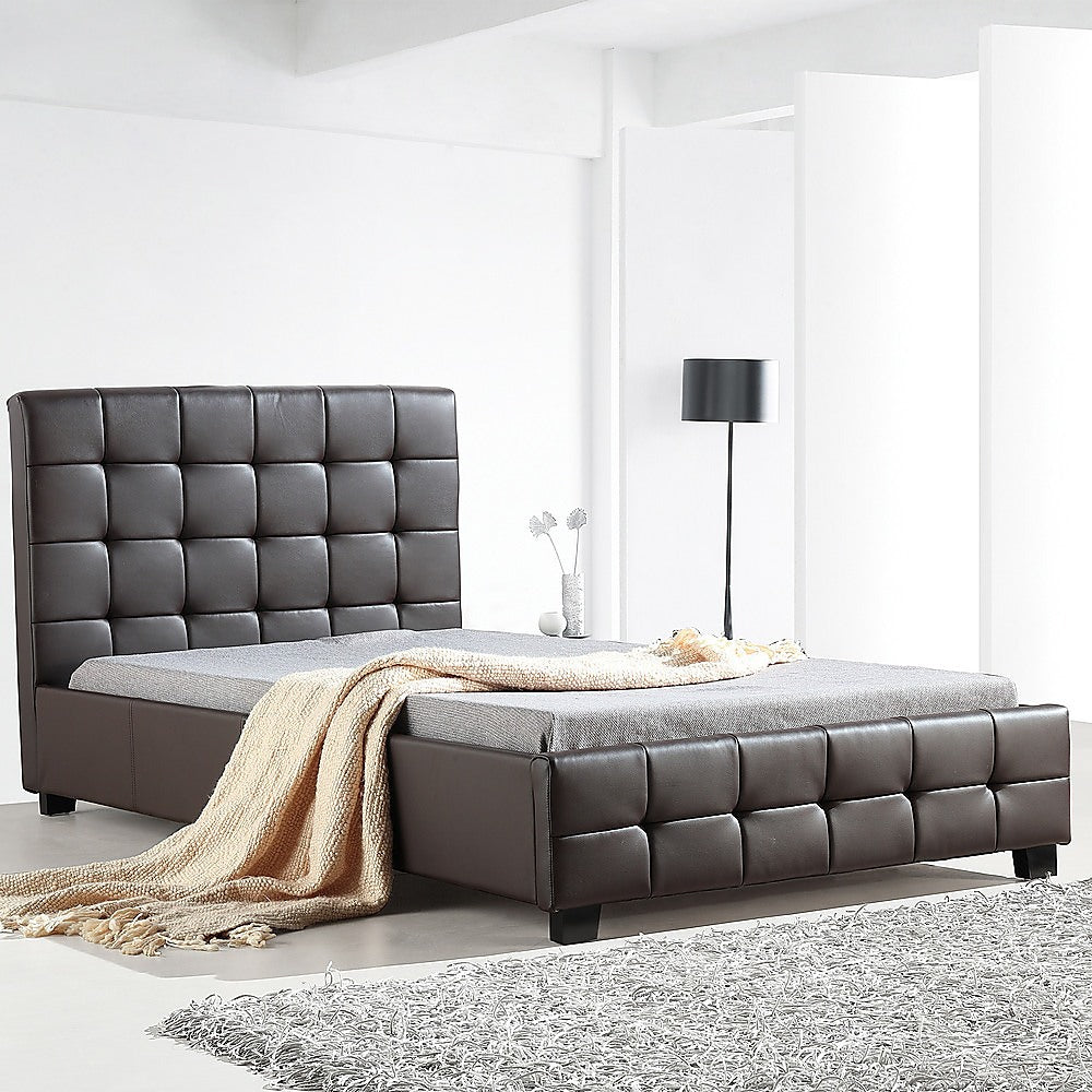 King Single PU Leather Deluxe Bed Frame Brown - Cosy Abode