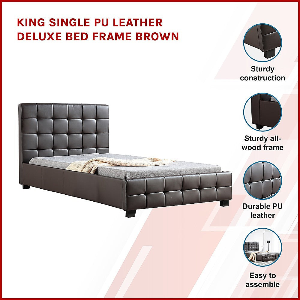King Single PU Leather Deluxe Bed Frame Brown - Cosy Abode