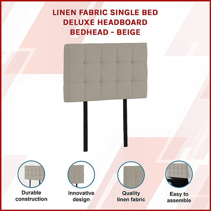 Linen Fabric Single Bed Deluxe Headboard Bedhead - Beige - Cosy Abode