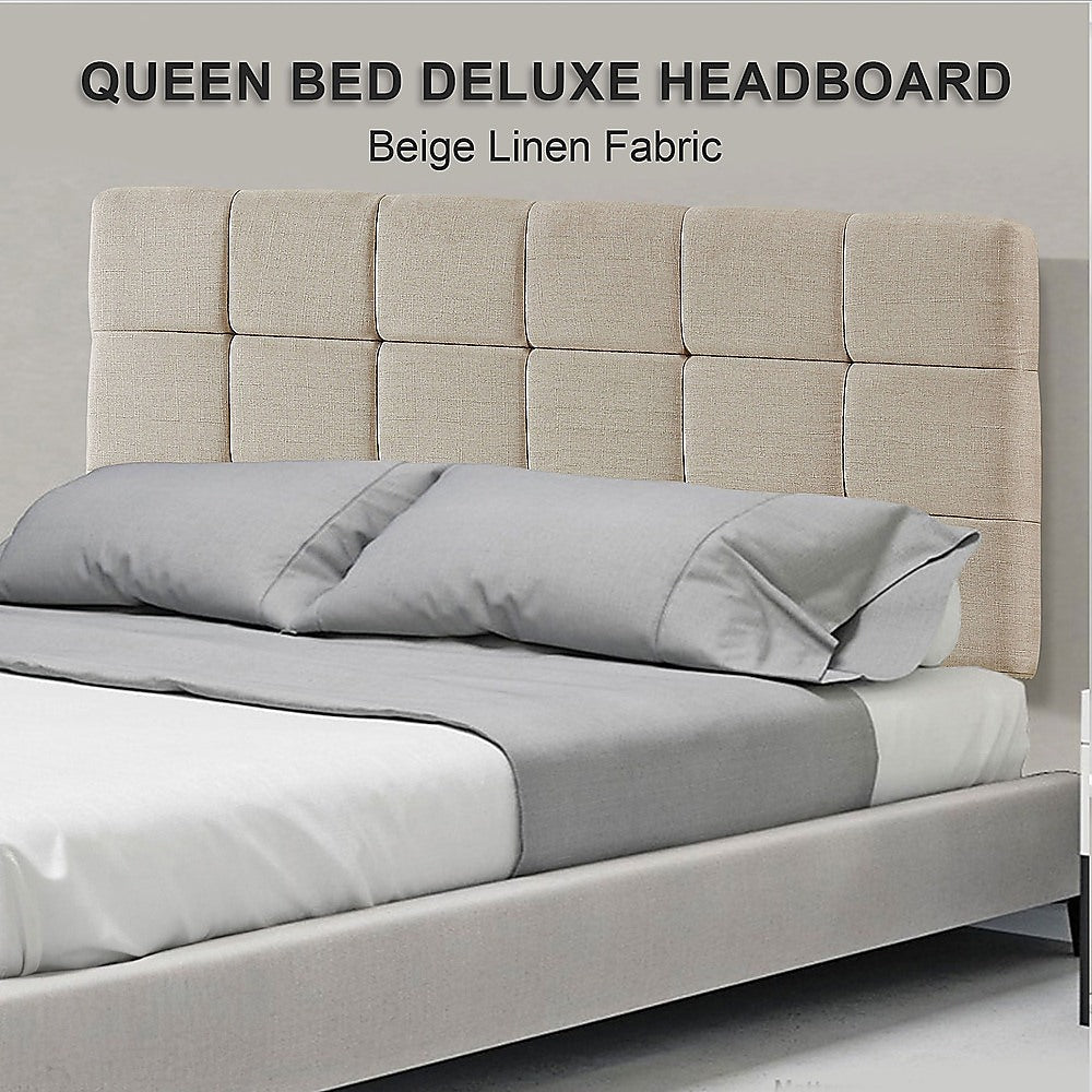 Linen Fabric Queen Bed Deluxe Headboard Bedhead - Beige - Cosy Abode