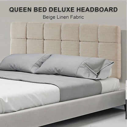 Linen Fabric Queen Bed Deluxe Headboard Bedhead - Beige - Cosy Abode