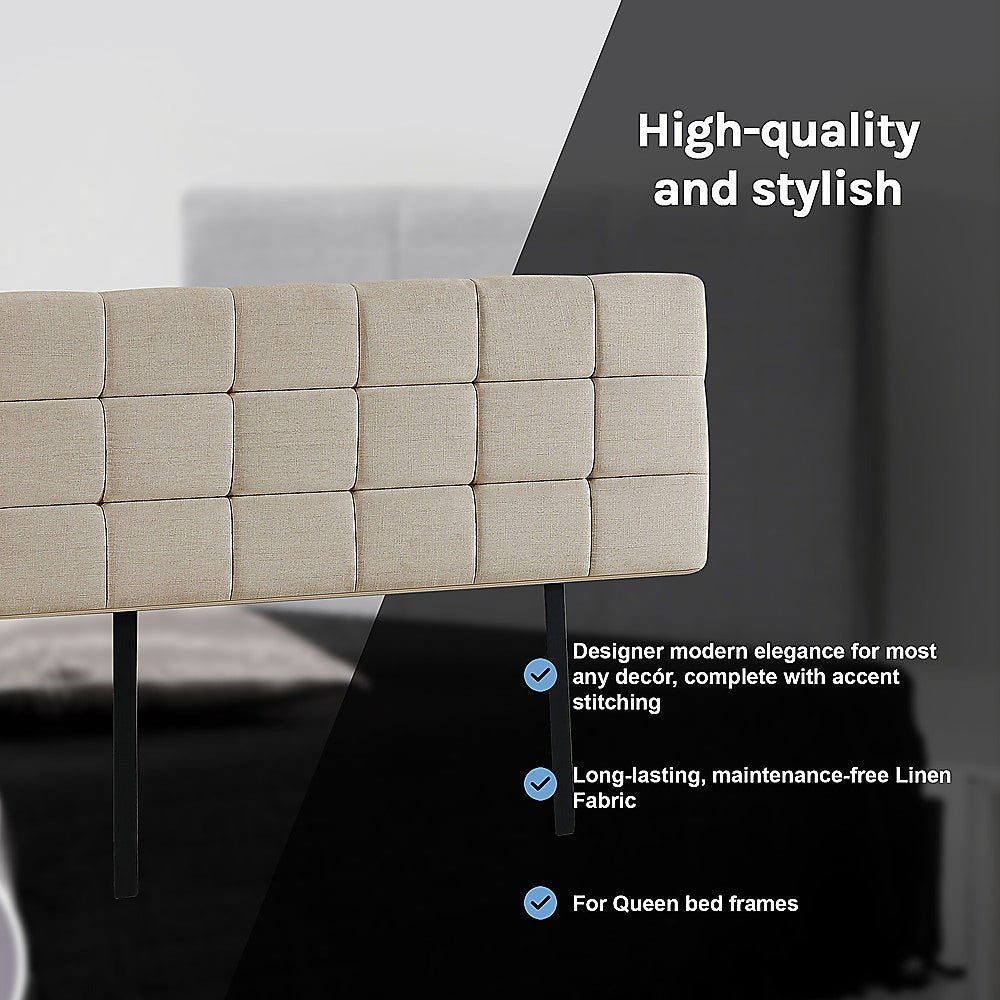Linen Fabric Queen Bed Deluxe Headboard Bedhead - Beige - Cosy Abode