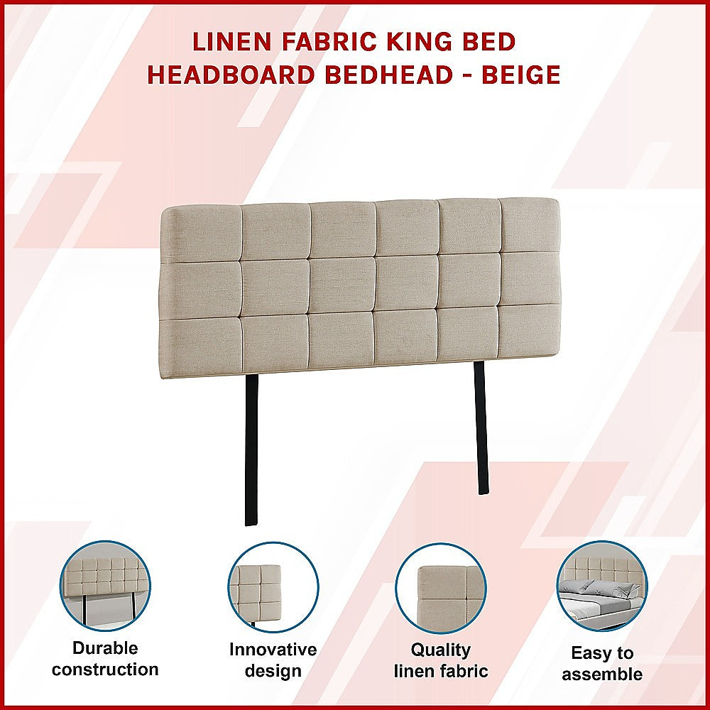 Linen Fabric King Bed Deluxe Headboard Bedhead - Beige - Cosy Abode