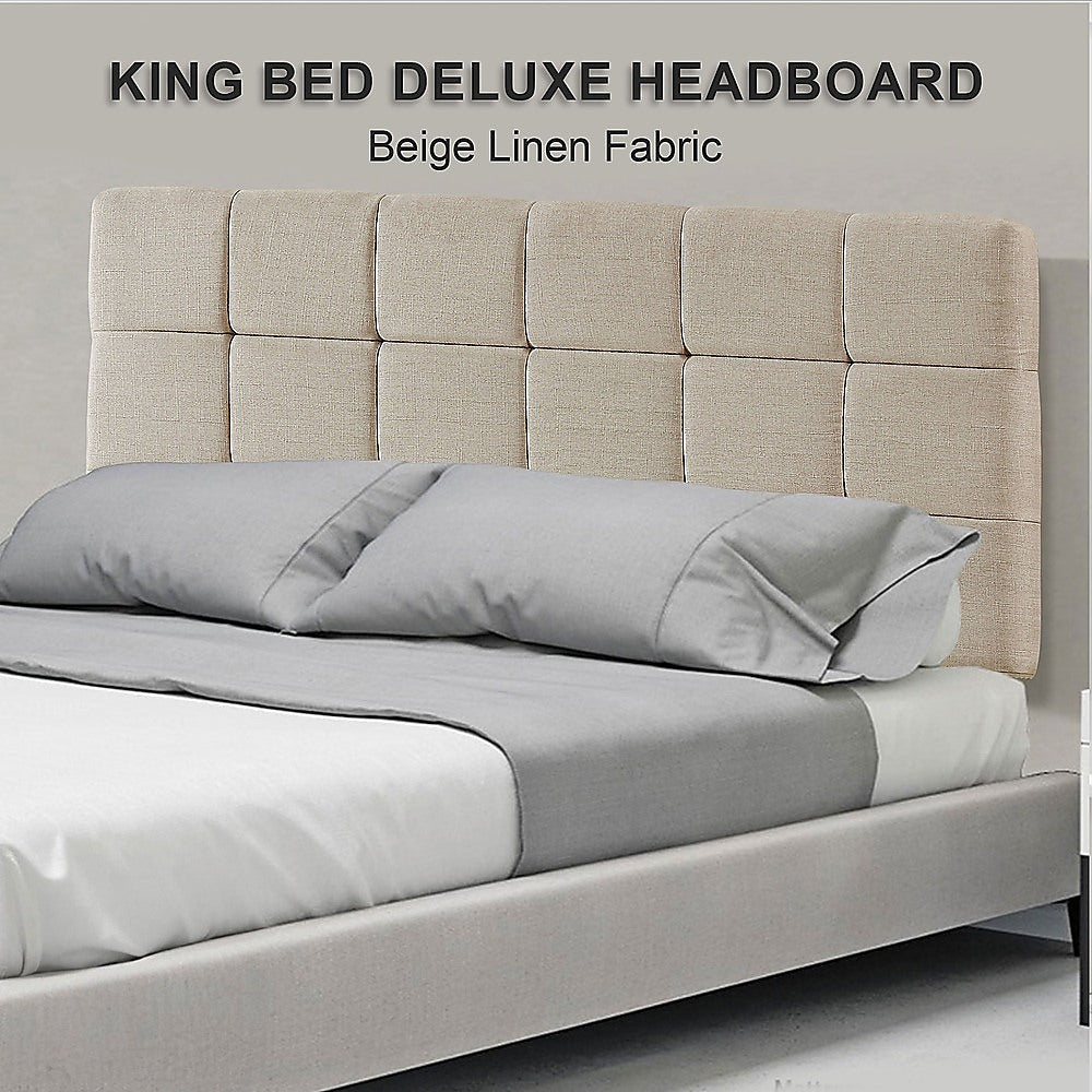 Linen Fabric King Bed Deluxe Headboard Bedhead - Beige - Cosy Abode