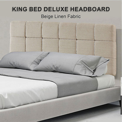 Linen Fabric King Bed Deluxe Headboard Bedhead - Beige - Cosy Abode