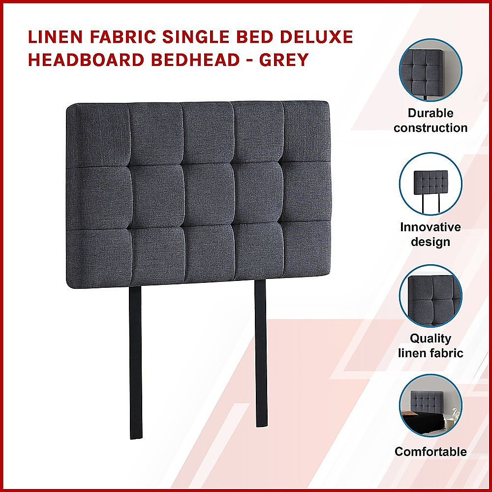 Linen Fabric Single Bed Deluxe Headboard Bedhead - Grey - Cosy Abode