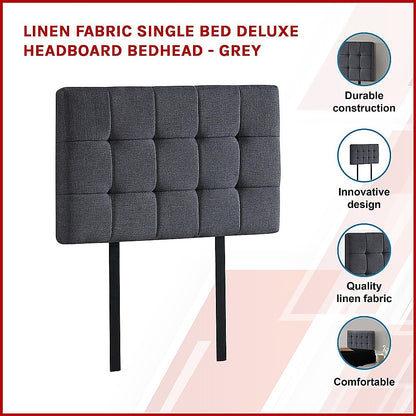 Linen Fabric Single Bed Deluxe Headboard Bedhead - Grey - Cosy Abode