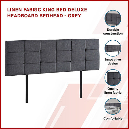 Linen Fabric King Bed Deluxe Headboard Bedhead - Grey - Cosy Abode