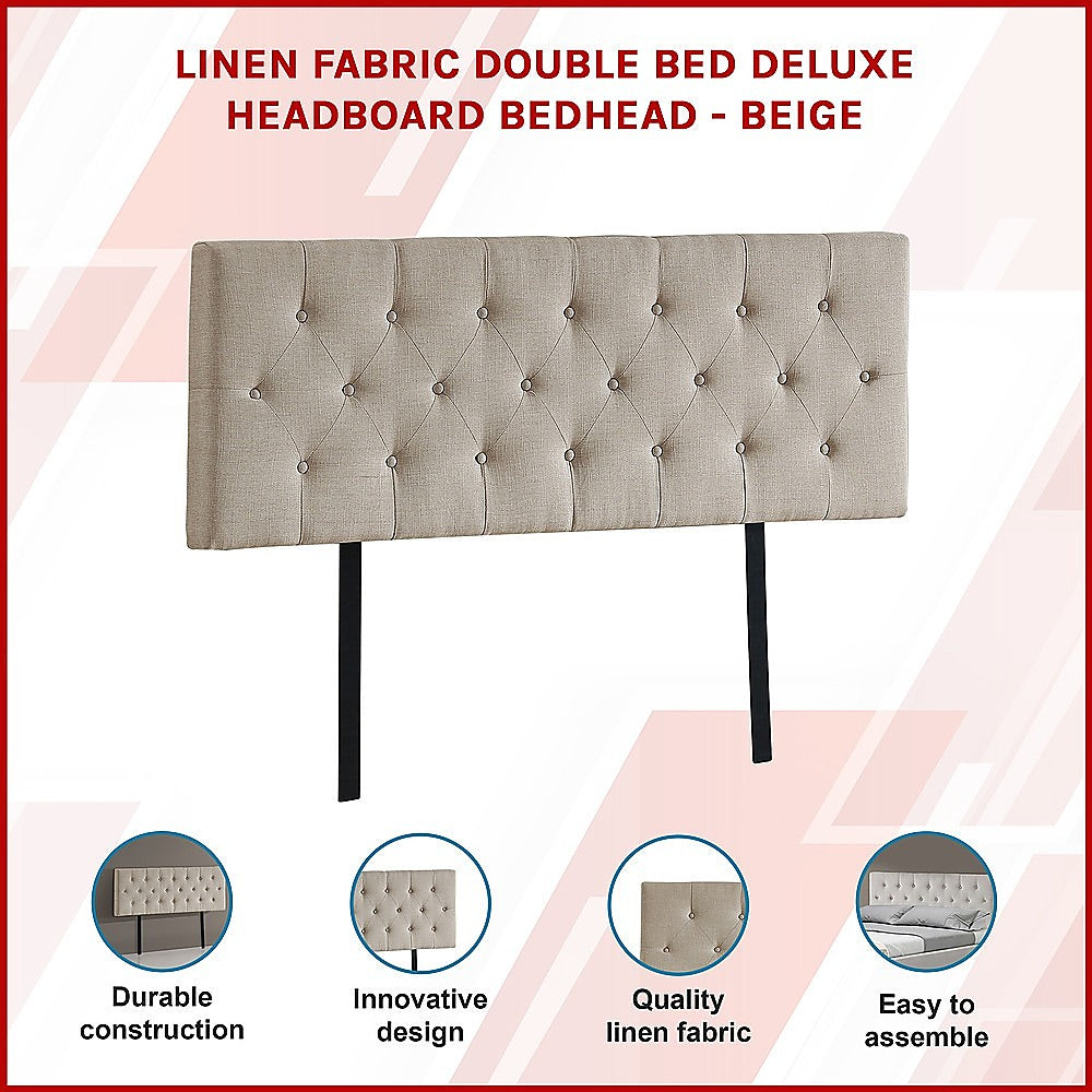 Linen Fabric Double Bed Deluxe Headboard Bedhead - Beige - Cosy Abode