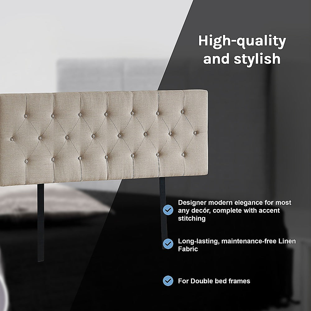 Linen Fabric Double Bed Deluxe Headboard Bedhead - Beige - Cosy Abode