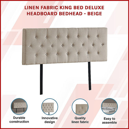 Linen Fabric King Bed Deluxe Headboard Bedhead - Beige - Cosy Abode