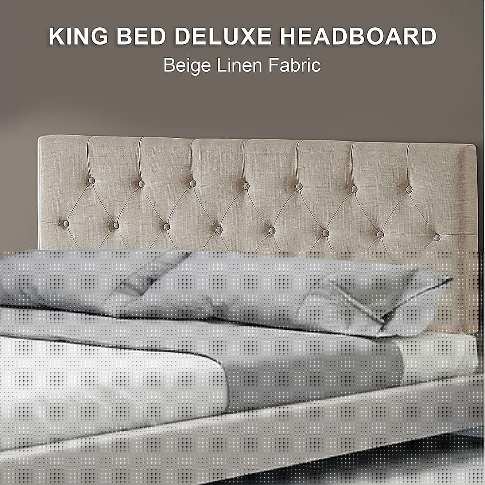 Linen Fabric King Bed Deluxe Headboard Bedhead - Beige - Cosy Abode