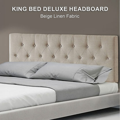 Linen Fabric King Bed Deluxe Headboard Bedhead - Beige - Cosy Abode