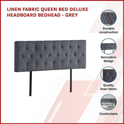 Linen Fabric Queen Bed Deluxe Headboard Bedhead - Grey - Cosy Abode
