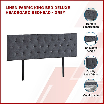 Linen Fabric King Bed Deluxe Headboard Bedhead - Grey - Cosy Abode