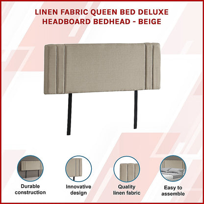 Linen Fabric Queen Bed Deluxe Headboard Bedhead - Beige - Cosy Abode