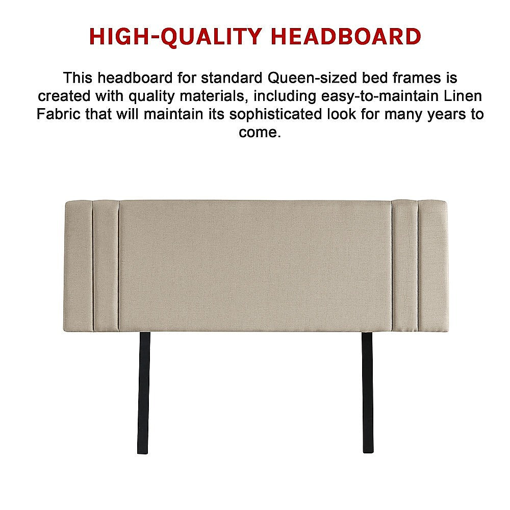 Linen Fabric Queen Bed Deluxe Headboard Bedhead - Beige - Cosy Abode