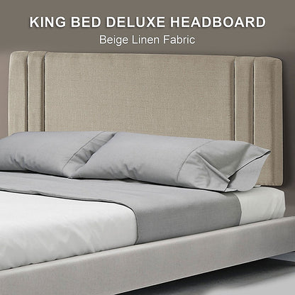 Linen Fabric King Bed Deluxe Headboard Bedhead - Beige - Cosy Abode