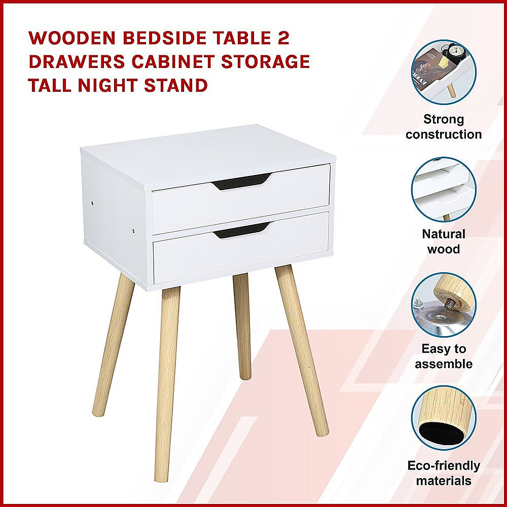 Wooden Bedside Table 2 Drawers Cabinet Storage Tall Night Stand - Cosy Abode