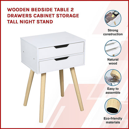 Wooden Bedside Table 2 Drawers Cabinet Storage Tall Night Stand - Cosy Abode