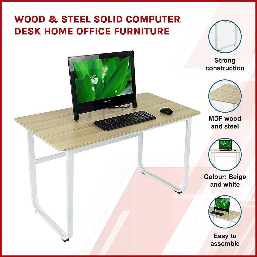Wood & Steel Solid Computer Desk Home Office Furniture - Cosy Abode