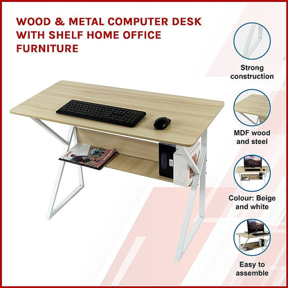 Wood & Metal Computer Desk with Shelf Home Office Furniture - Cosy Abode