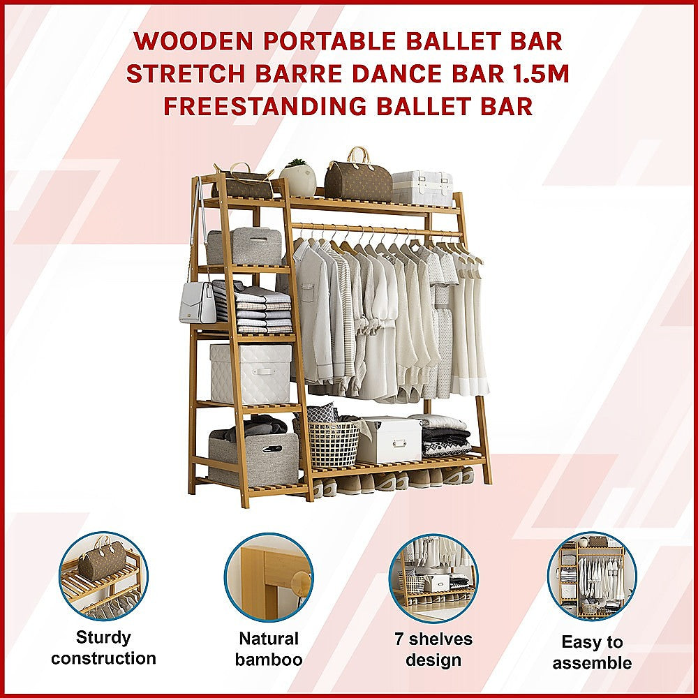 Portable Clothes Rack Coat Garment Stand Bamboo Rail Hanger Airer Closet - Cosy Abode