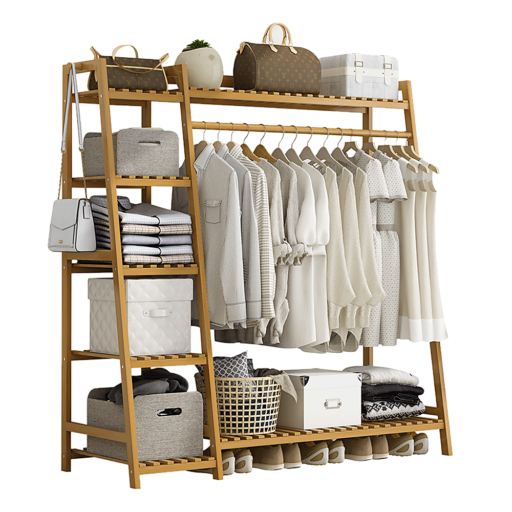 Portable Clothes Rack Coat Garment Stand Bamboo Rail Hanger Airer Closet - Cosy Abode