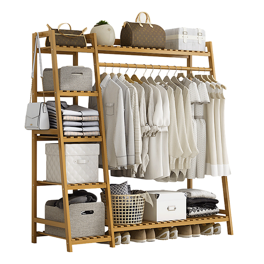 Portable Clothes Rack Coat Garment Stand Bamboo Rail Hanger Airer Closet - Cosy Abode