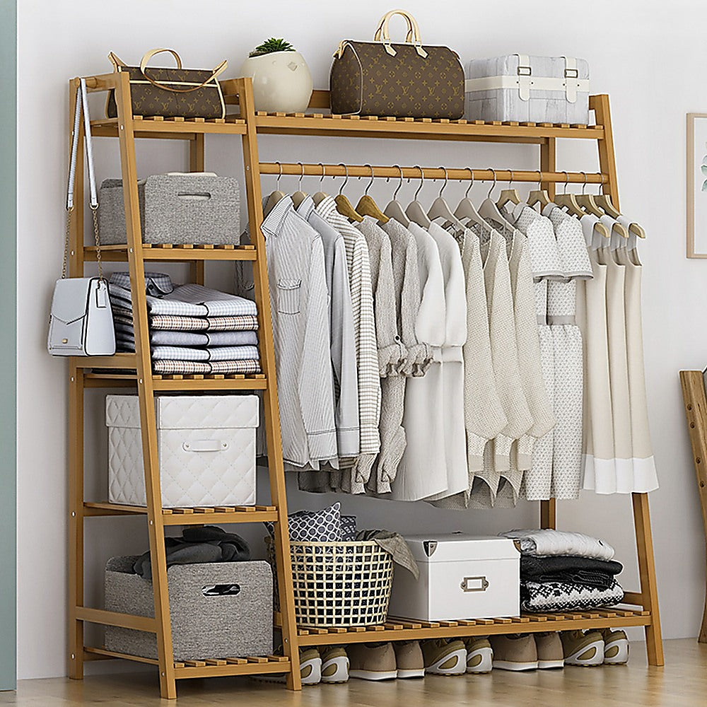 Portable Clothes Rack Coat Garment Stand Bamboo Rail Hanger Airer Closet - Cosy Abode