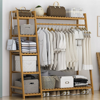 Portable Clothes Rack Coat Garment Stand Bamboo Rail Hanger Airer Closet - Cosy Abode