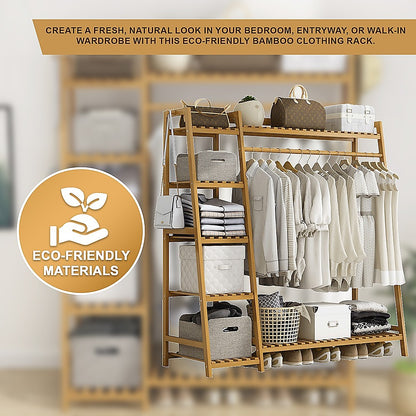 Portable Clothes Rack Coat Garment Stand Bamboo Rail Hanger Airer Closet - Cosy Abode
