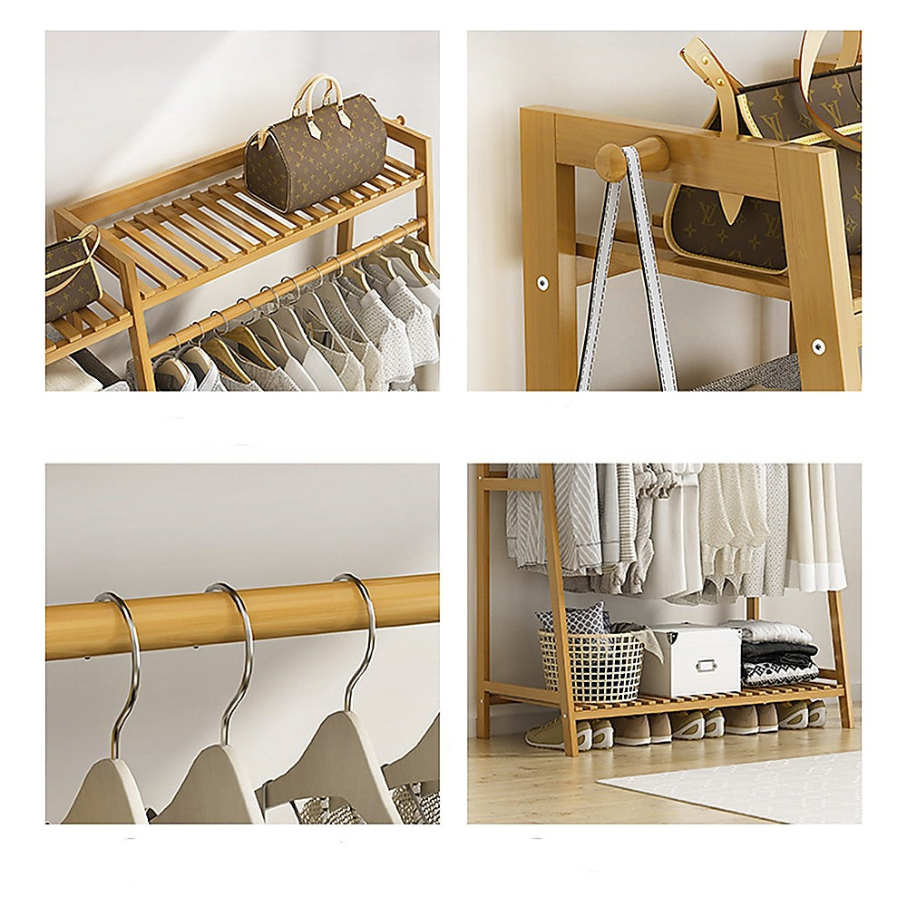 Portable Clothes Rack Coat Garment Stand Bamboo Rail Hanger Airer Closet - Cosy Abode