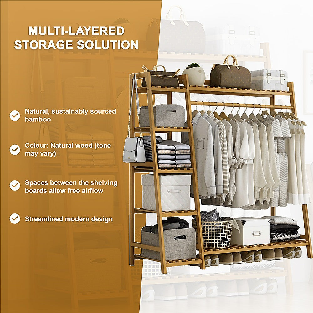 Portable Clothes Rack Coat Garment Stand Bamboo Rail Hanger Airer Closet - Cosy Abode
