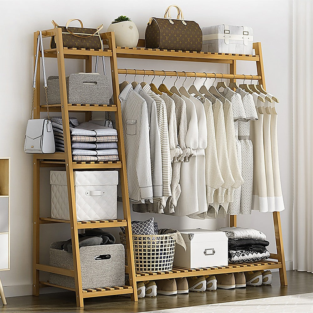 Portable Clothes Rack Coat Garment Stand Bamboo Rail Hanger Airer Closet - Cosy Abode