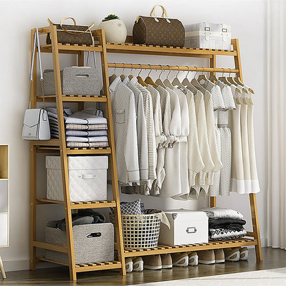 Portable Clothes Rack Coat Garment Stand Bamboo Rail Hanger Airer Closet - Cosy Abode