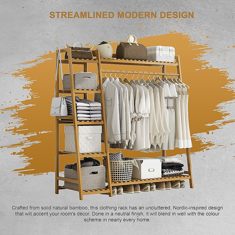 Portable Clothes Rack Coat Garment Stand Bamboo Rail Hanger Airer Closet - Cosy Abode