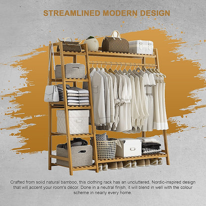 Portable Clothes Rack Coat Garment Stand Bamboo Rail Hanger Airer Closet - Cosy Abode