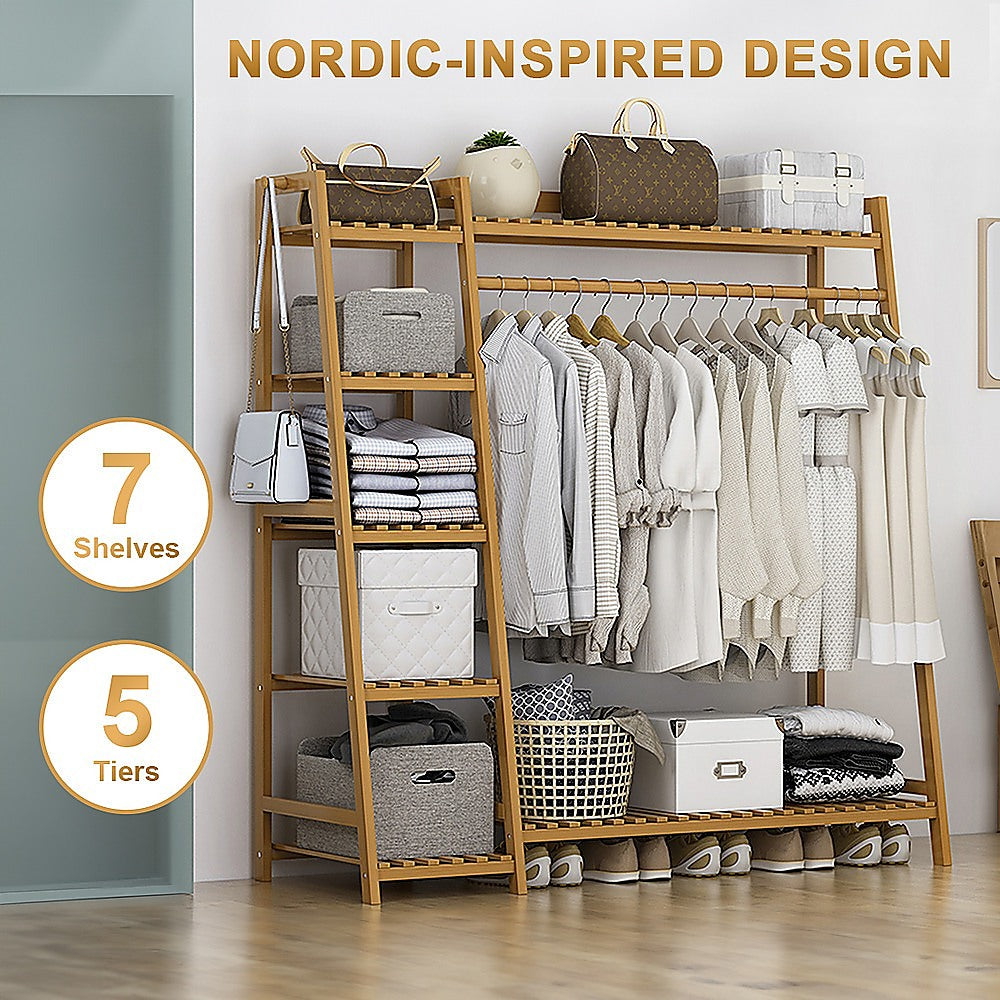 Portable Clothes Rack Coat Garment Stand Bamboo Rail Hanger Airer Closet - Cosy Abode