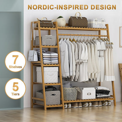 Portable Clothes Rack Coat Garment Stand Bamboo Rail Hanger Airer Closet - Cosy Abode