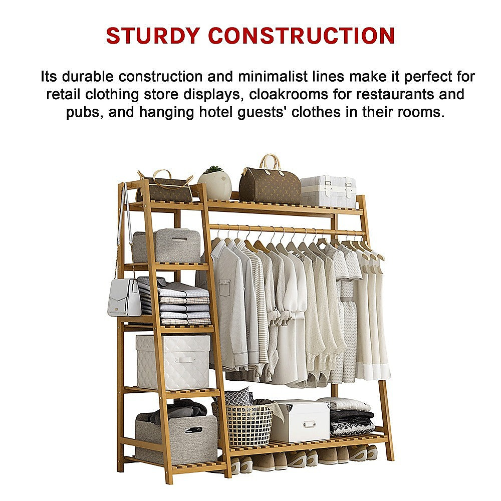 Portable Clothes Rack Coat Garment Stand Bamboo Rail Hanger Airer Closet - Cosy Abode