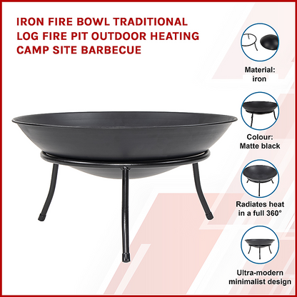 Iron Fire Bowl Traditional Log Fire Pit Outdoor Heating Camp Site Barbecue - Cosy Abode