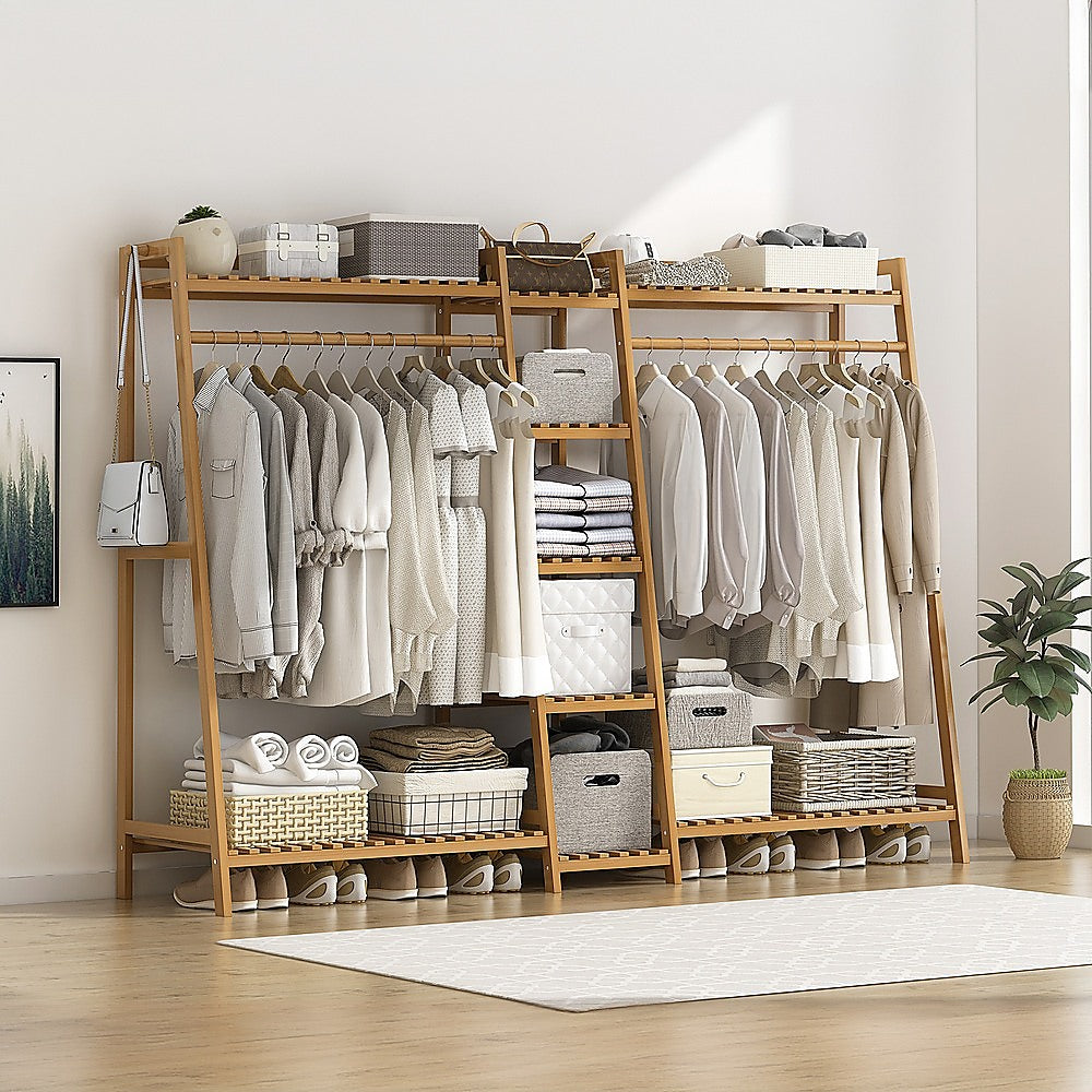Portable Clothes Rack Coat Garment Stand Bamboo Rail Hanger Airer Closet - Cosy Abode