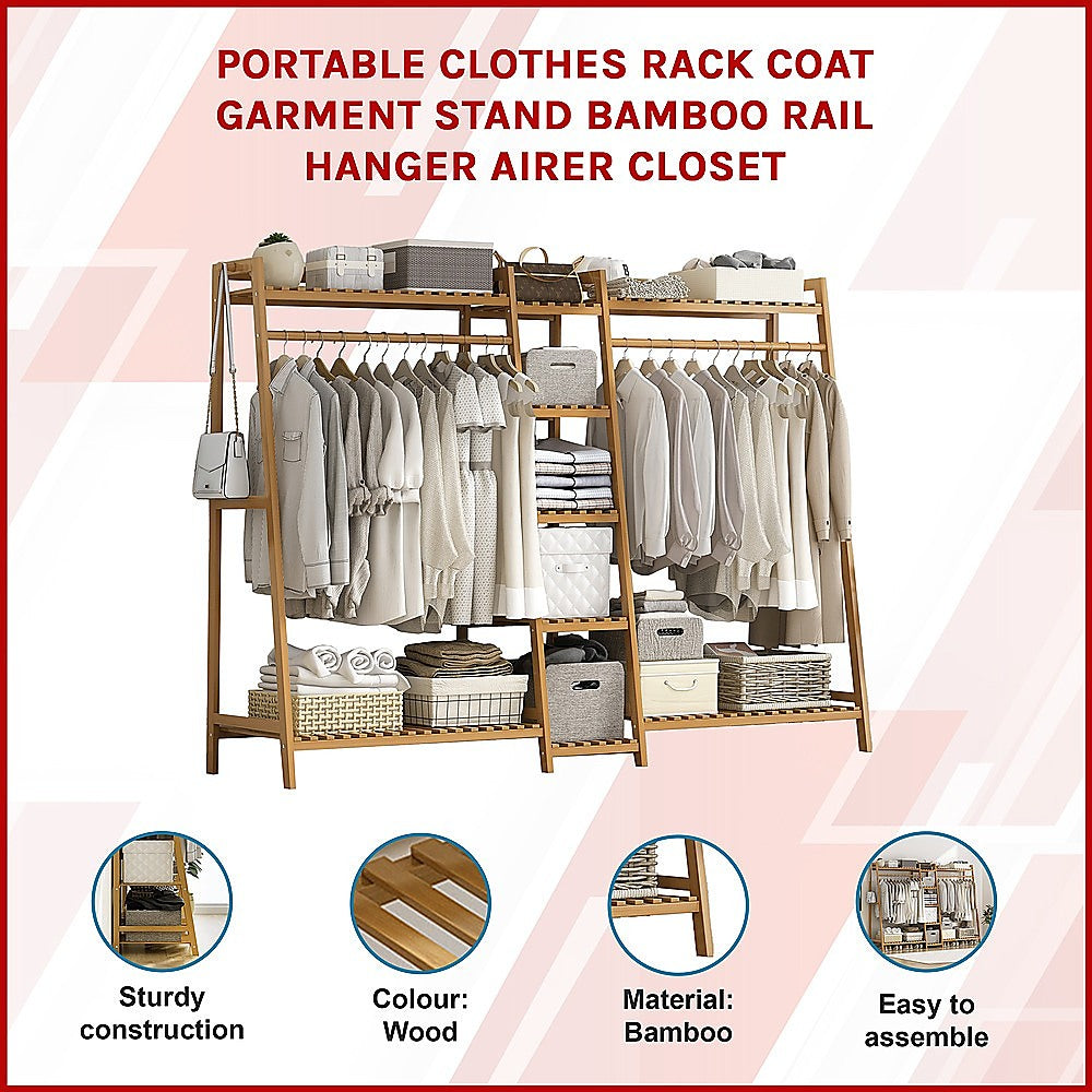 Portable Clothes Rack Coat Garment Stand Bamboo Rail Hanger Airer Closet - Cosy Abode