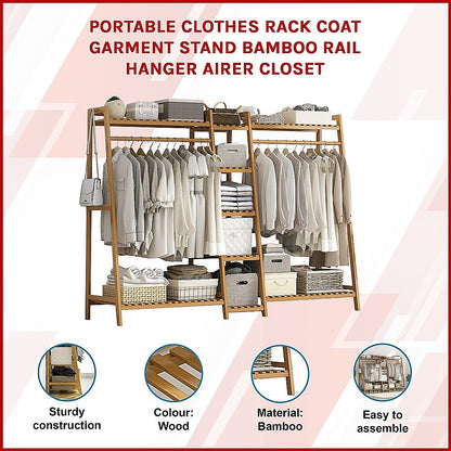 Portable Clothes Rack Coat Garment Stand Bamboo Rail Hanger Airer Closet - Cosy Abode